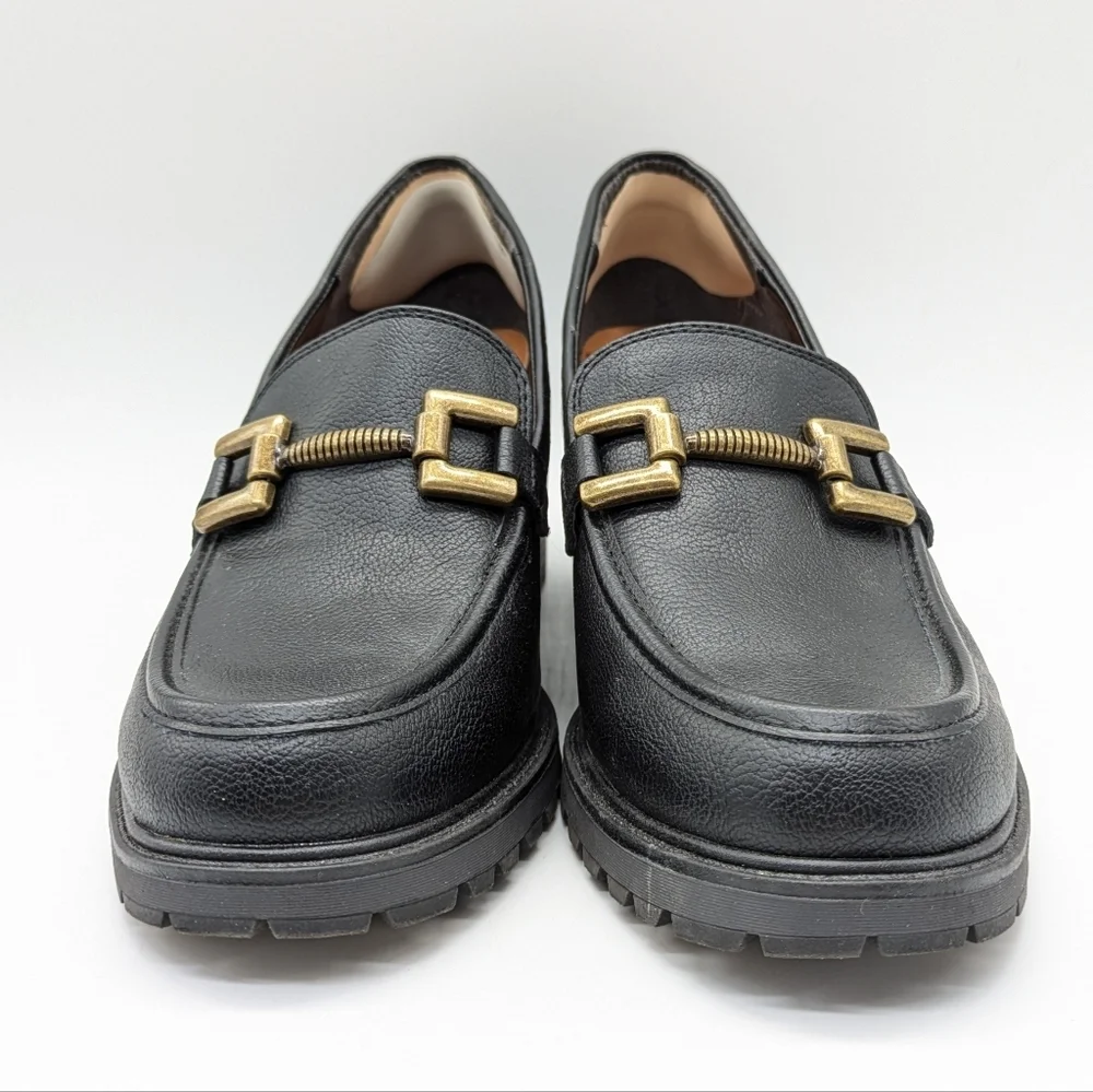 Zodiac Gemma Black Leather Gold Buckle Lug Sole Wedge Heel Loafer 10
